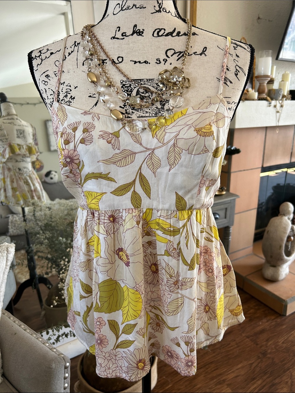 Volcom Floral Spaghetti-Strap Top — Yellow & Cream with open back